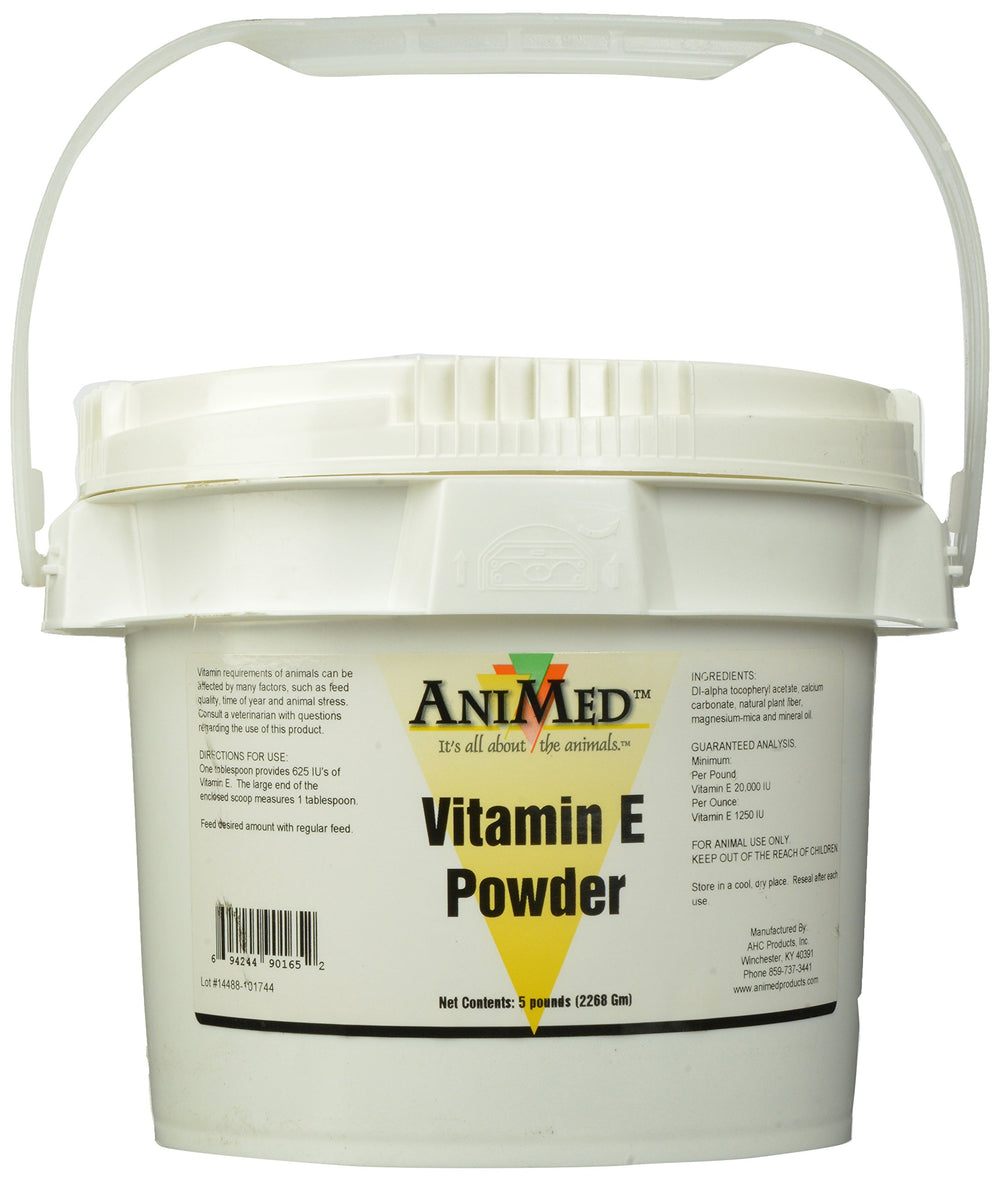 ANIMED Poudre vitamine E 5 livres: étiquette claire et dosage facile.