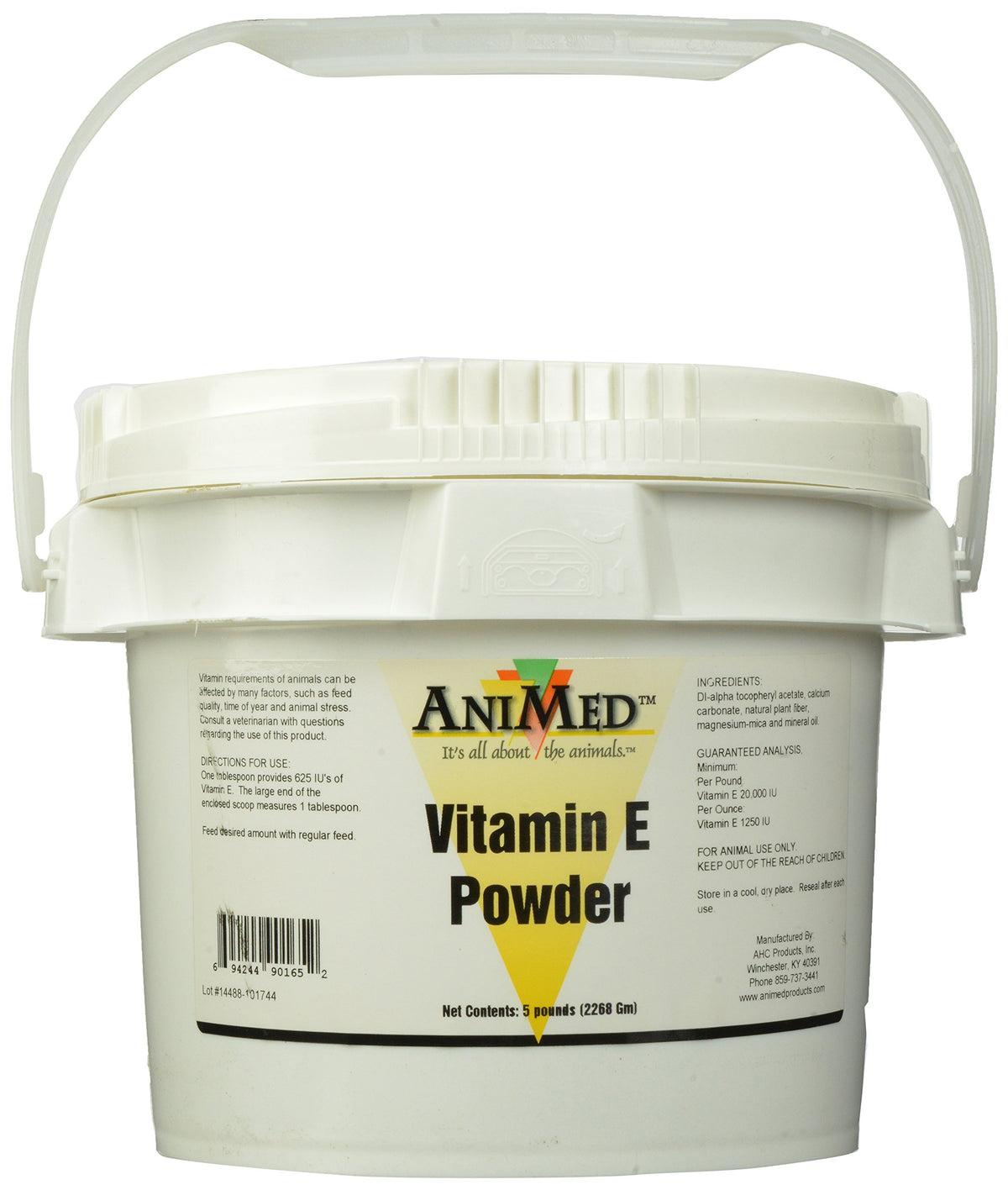 ANIMED Poudre vitamine E 5 livres: étiquette claire et dosage facile.