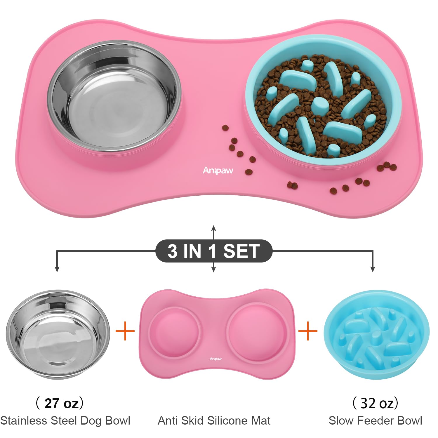 Anipaw bol eau inox closeup, bord lisse et hygiénique.