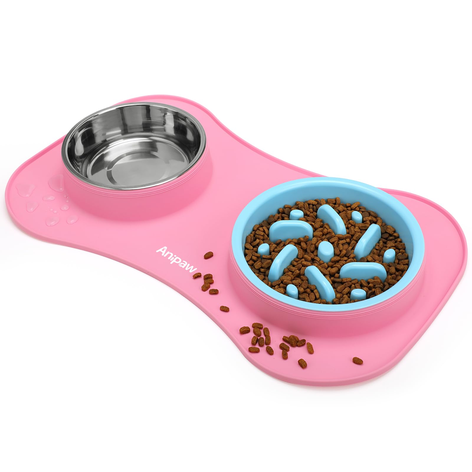 Anipaw ensemble bol alimentation lente 3-en-1 en rose et bleu, idéal pour ralentir les repas.