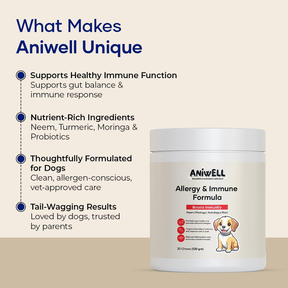 Ingrédients Aniwell favorisant peau et pelage sains et immunité.
