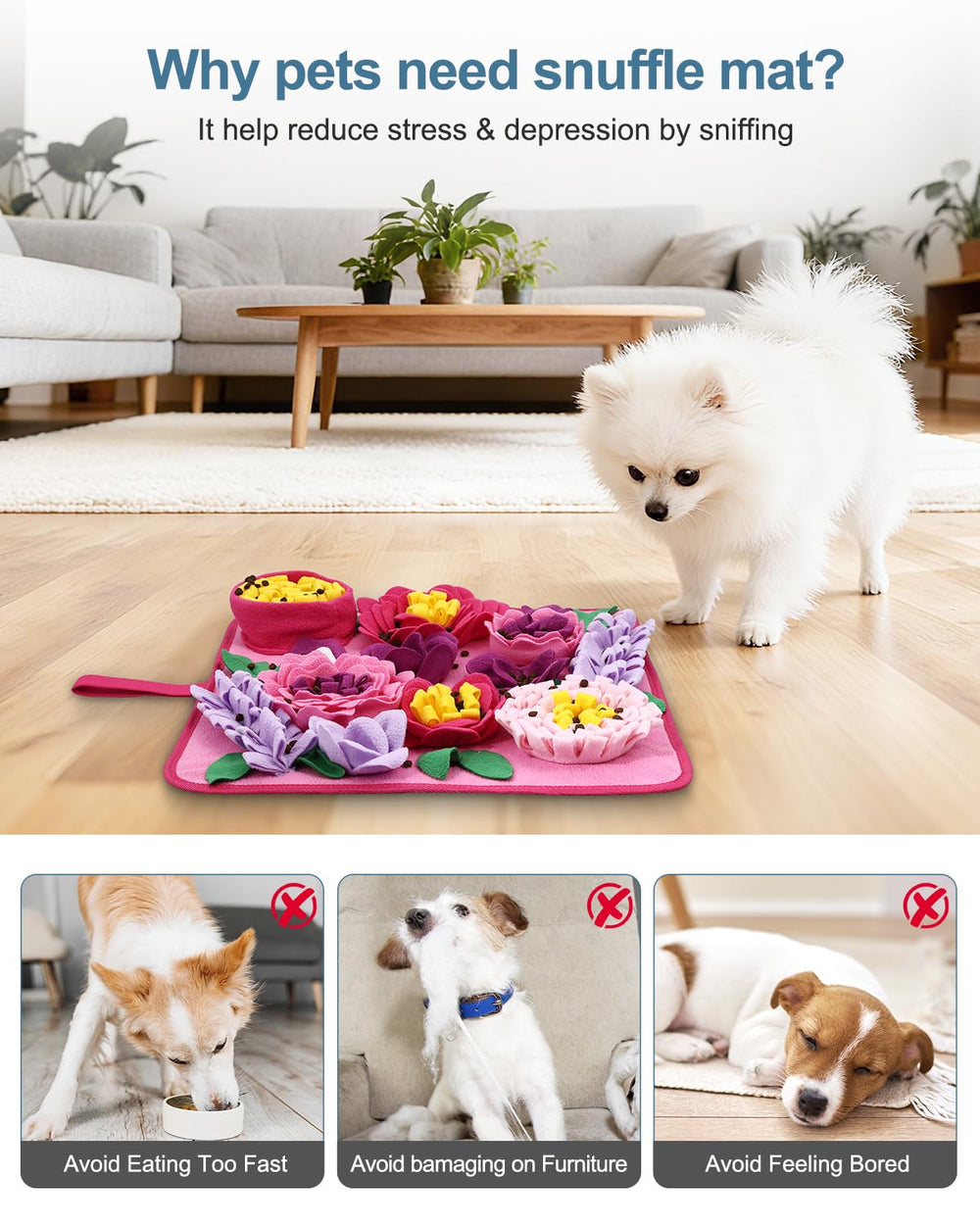Ankilo Snuffle Mat : matière douce felt et fleece pour le nez et les pattes.