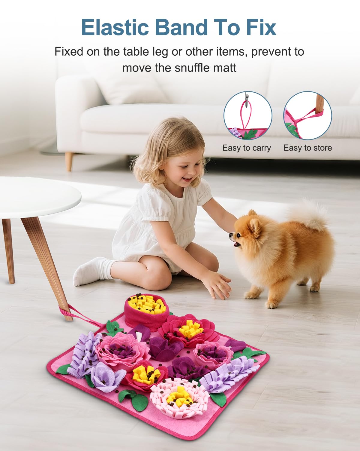 Ankilo Snuffle Mat : utilisation à domicile et en déplacement grâce à une lanière pratique.