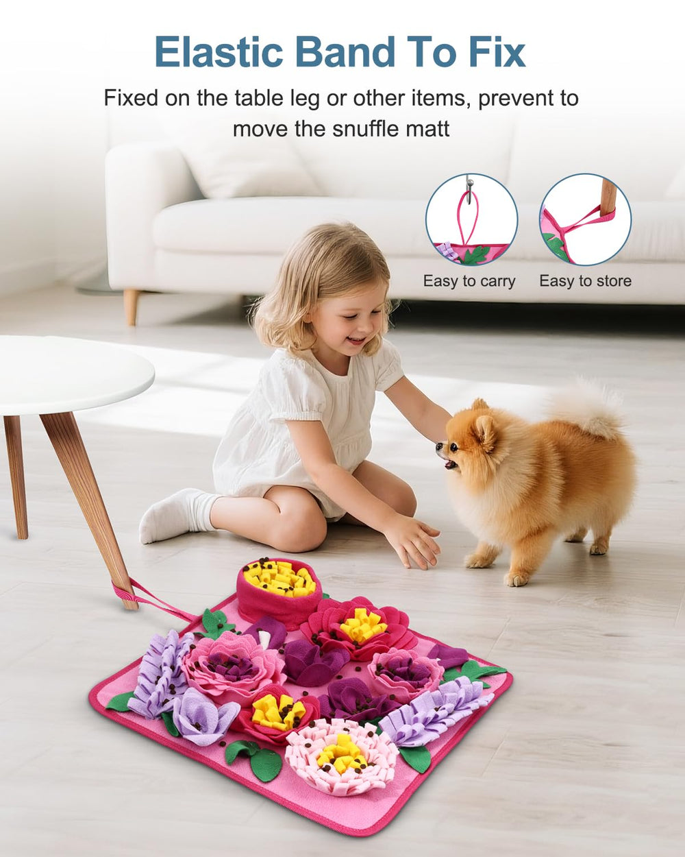 Ankilo Snuffle Mat : utilisation à domicile et en déplacement grâce à une lanière pratique.
