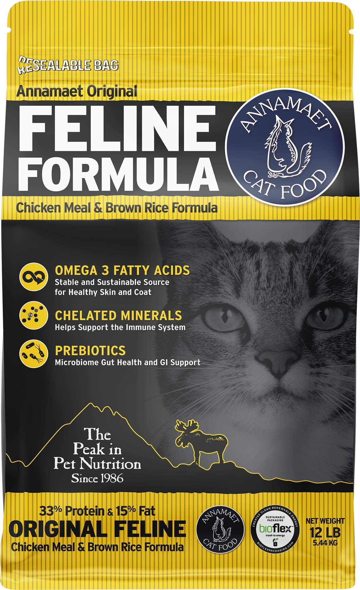 Annamaet Formule Féline – granulés poulet-riz, texture croustillante et appétence élevée.