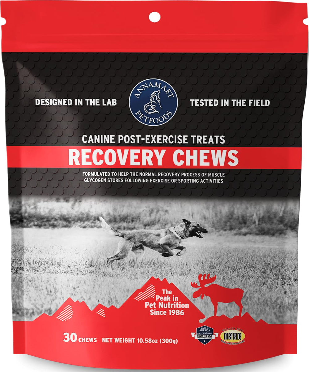 Annamaet Recovery Chews sur le paquet 300 g, soutien potentiel après l’effort pour chiens.