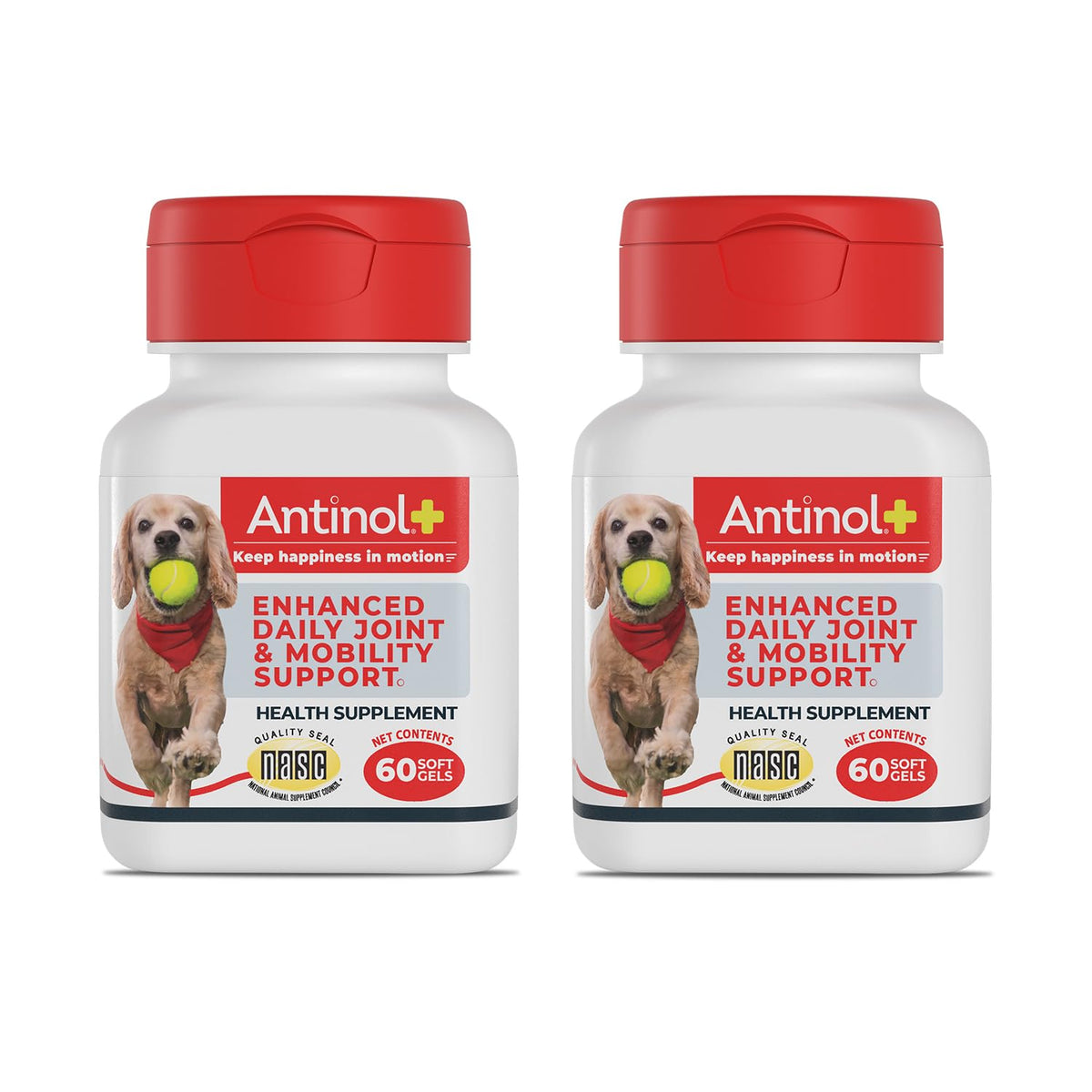 Antinol Plus, bouteille et étiquette, soutien potentiel à la mobilité canine.
