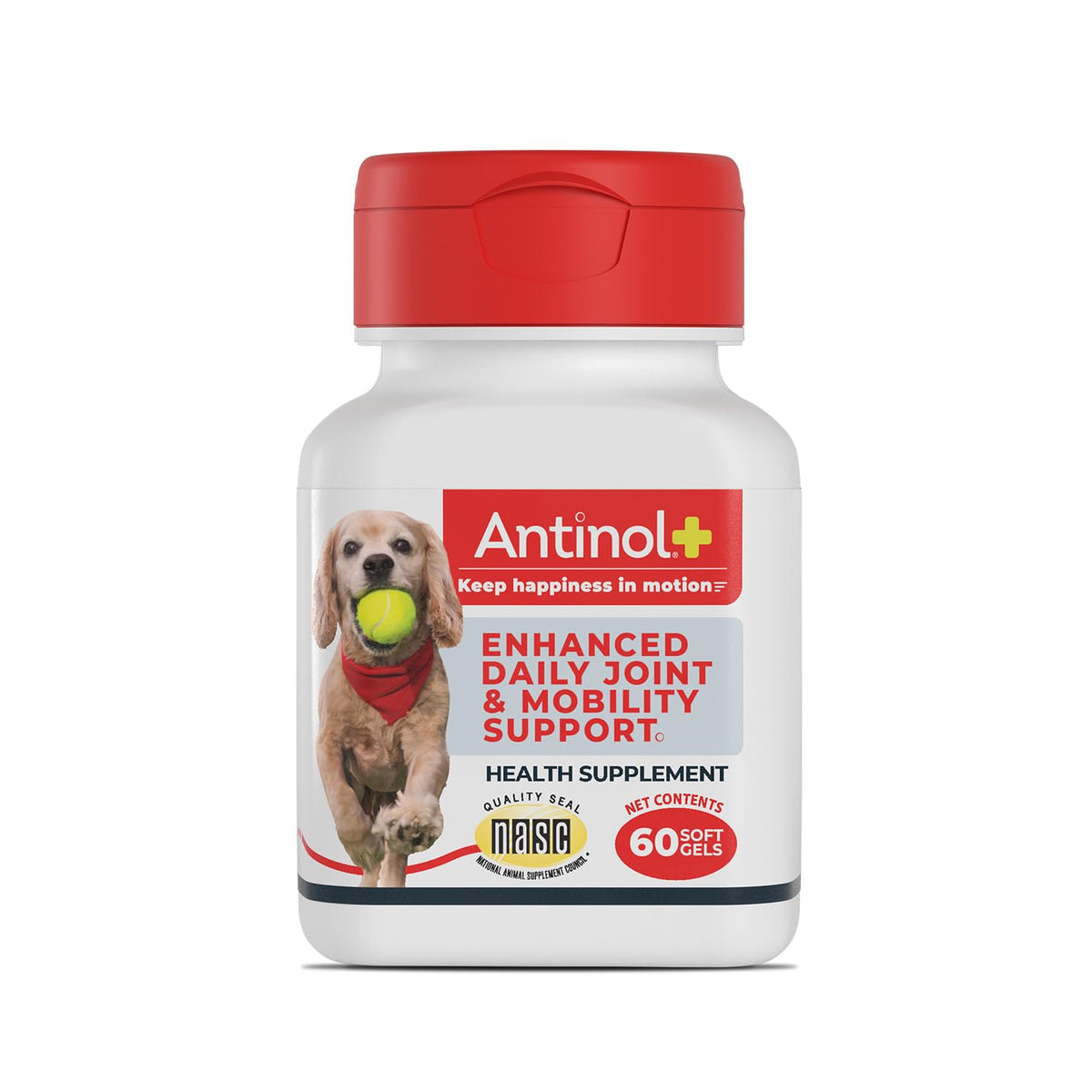 Antinol Plus : bouteille de gélules, soutien à la mobilité canine.