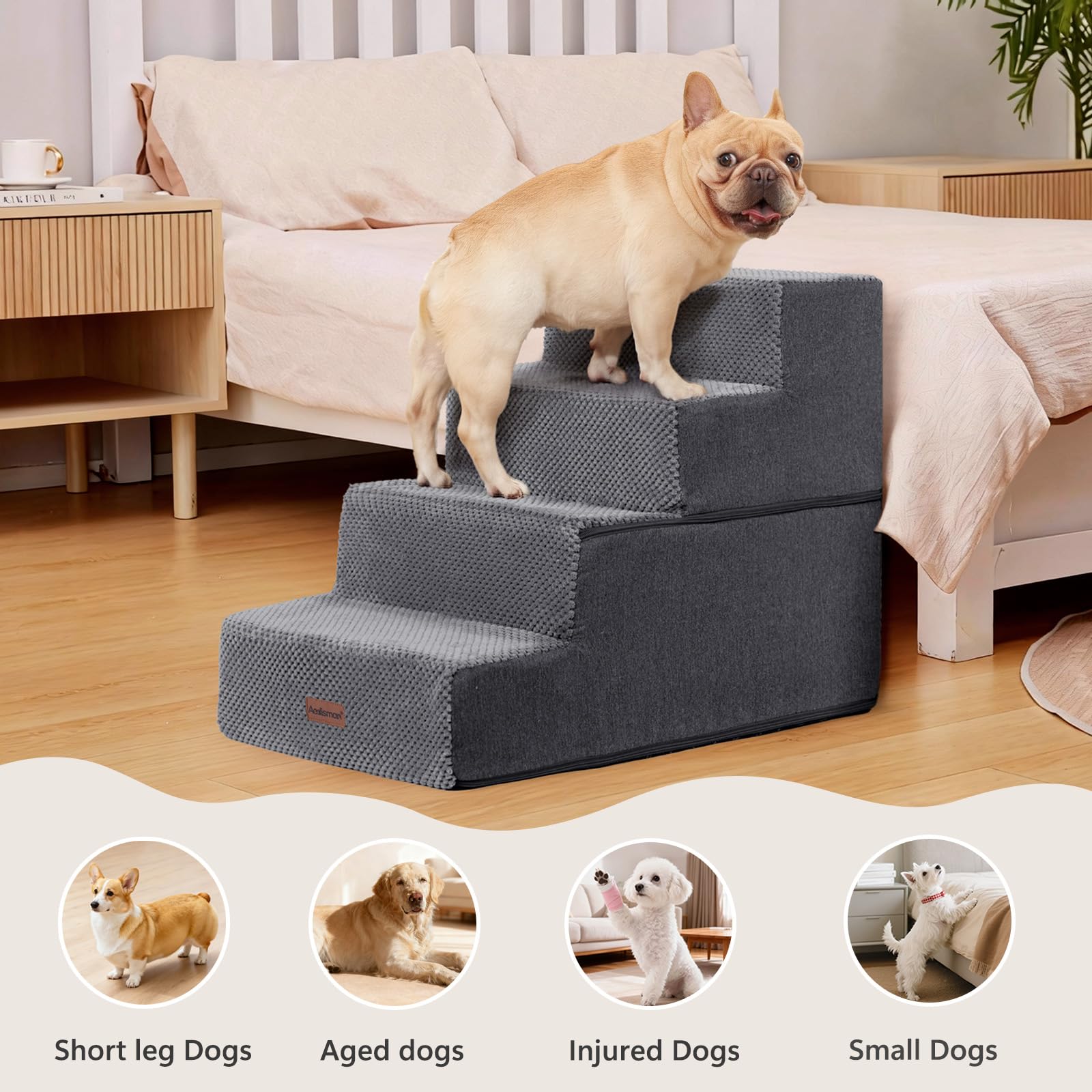 Aodisman usage avec petit chien sur canapé, montée et descente facilité.