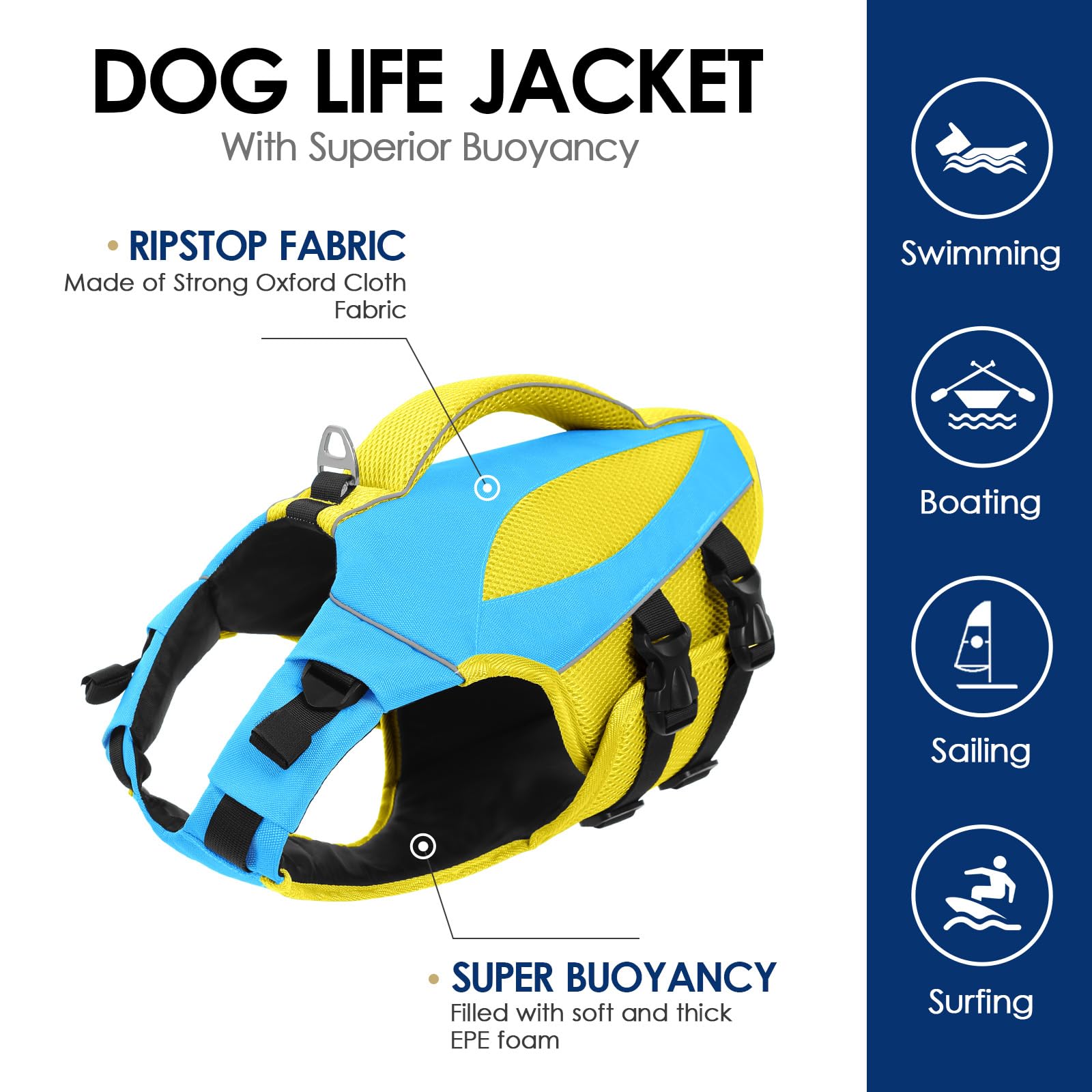 Gilet AOFITEE bleu-jaune, fermeture rapide pour s'habiller facilement.