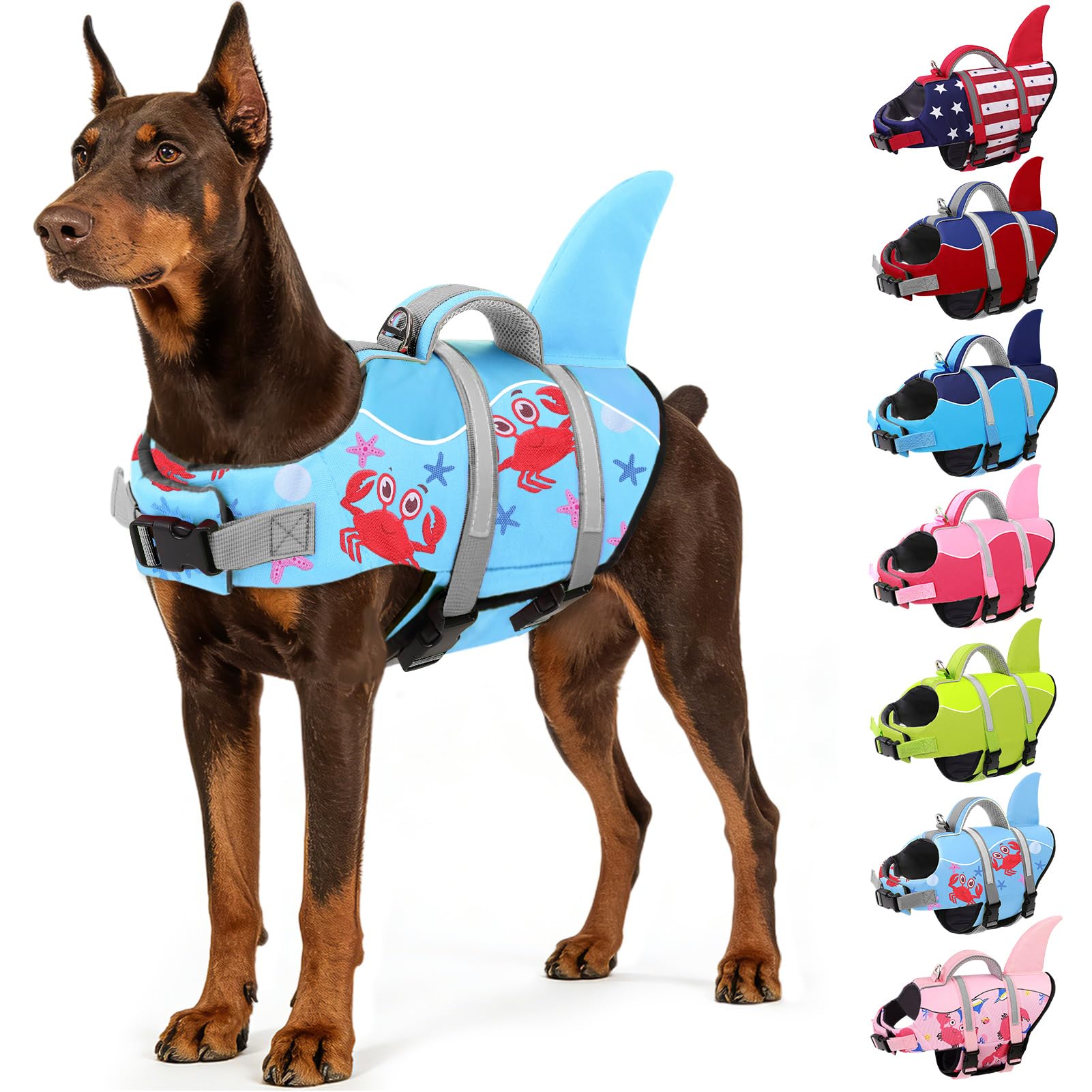 Gilet AOFITEE pour chien, visuel requin et flottabilité améliorée pour la natation.