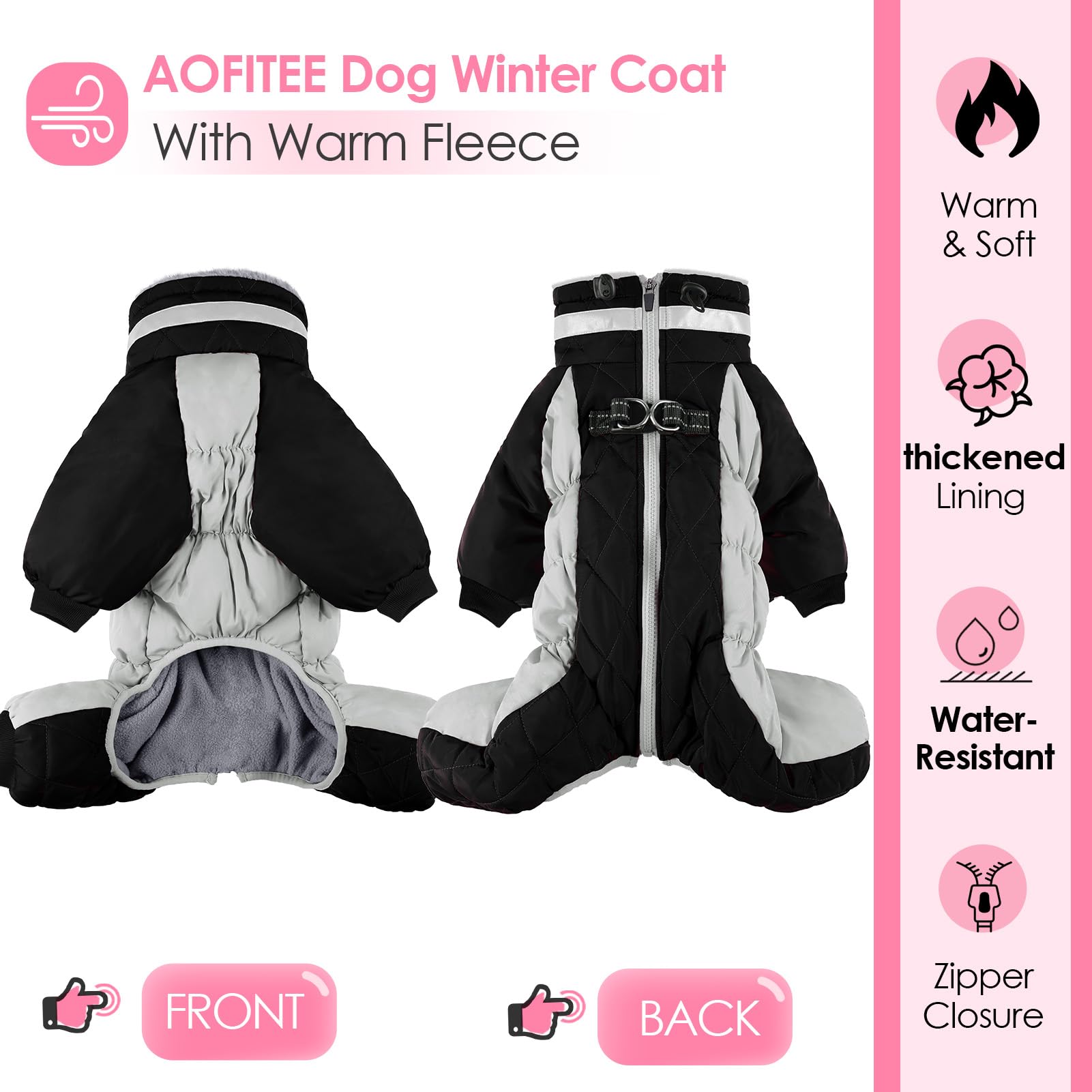 AOFITEE manteau chien hiver, fermeture arrière pratique et sécurisée.