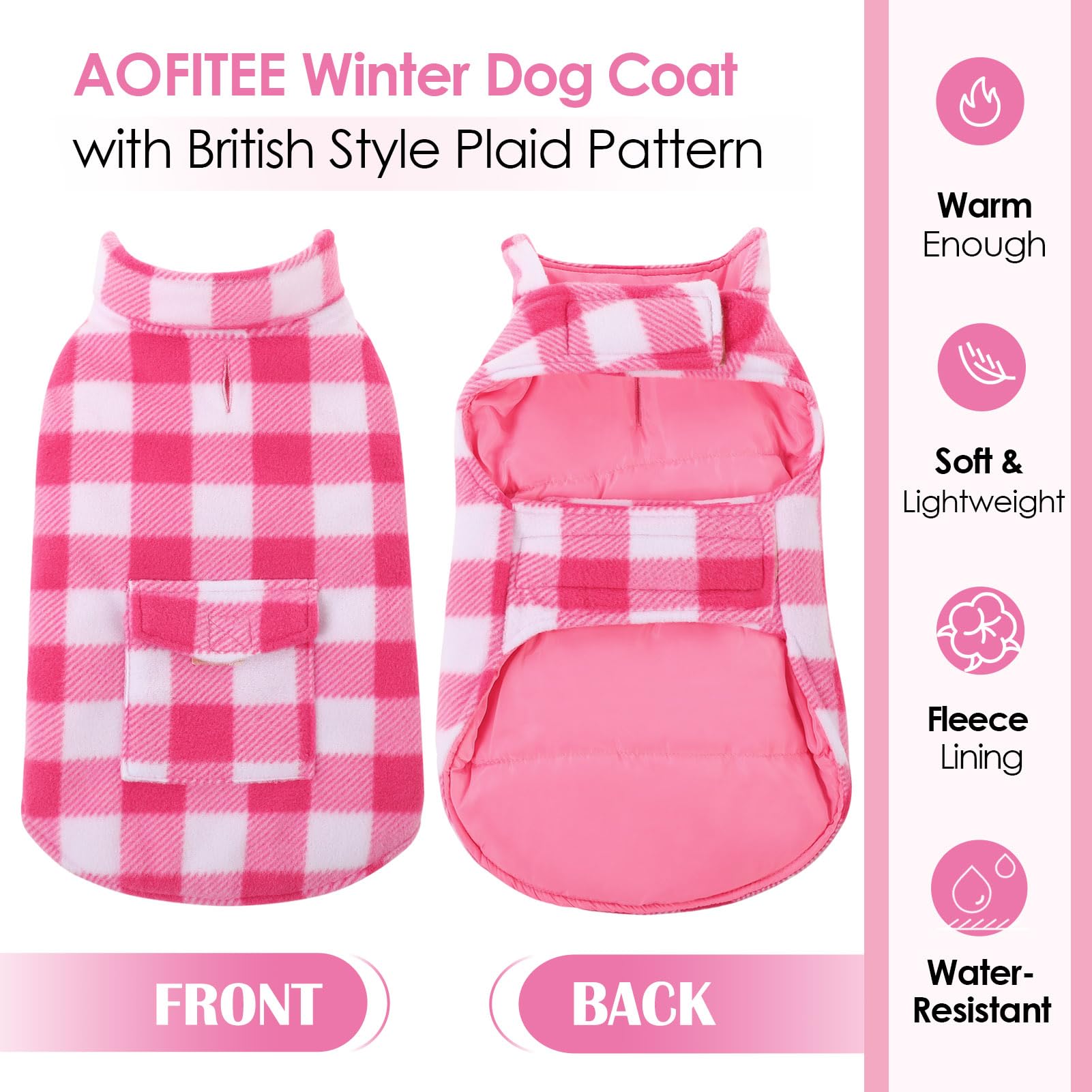 Manteau AOFITEE pour chien, plaid rose arriere avec poche pratique.