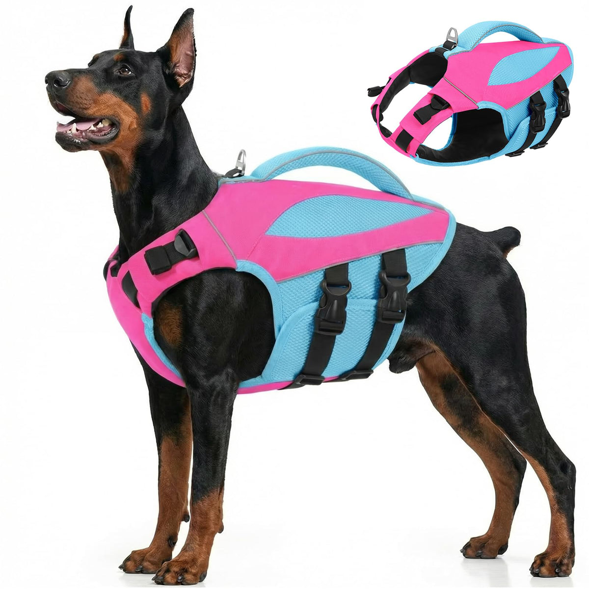 Veste de sauvetage AOFITEE pour chien vue avant, haute flottabilité et confort.