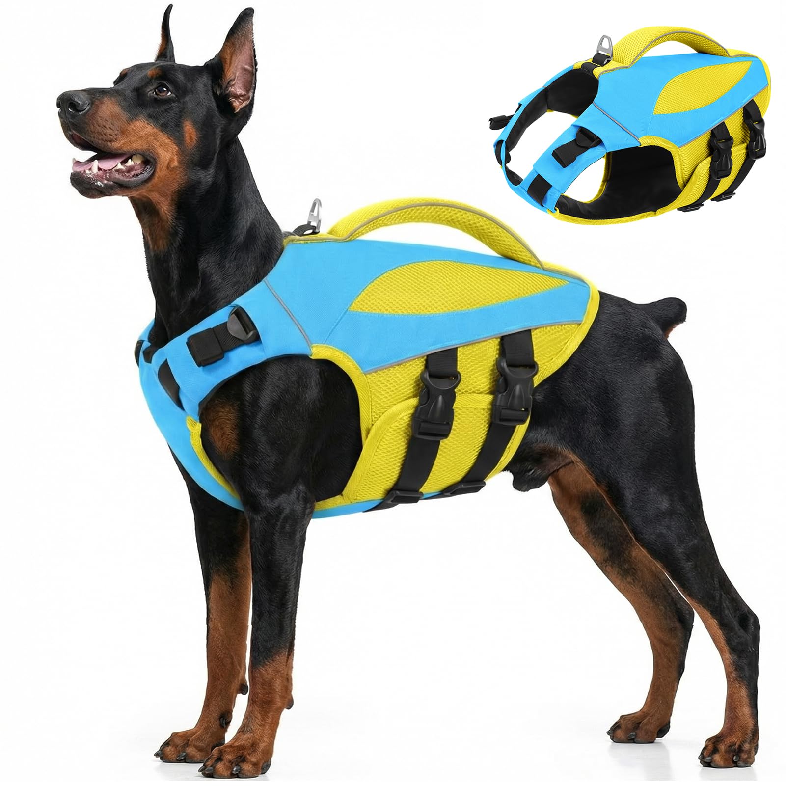 Veste de sauvetage AOFITEE bleu et jaune avec poignee pour aide au sauvetage.