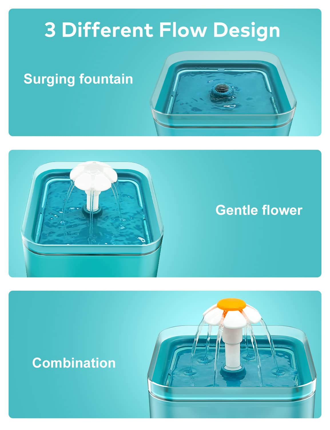 Trois débits d'eau pour varier l'hydratation du chat.
