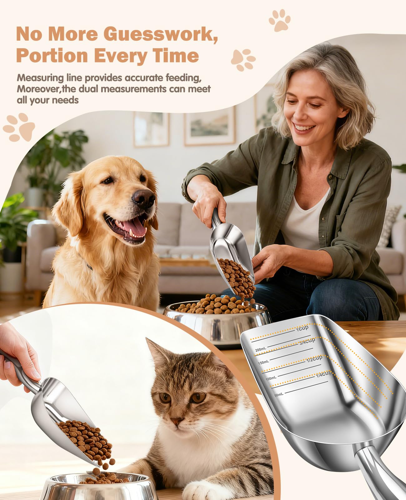 Doseur Aosnare pour chat, marquages de portions facilitant le choix.