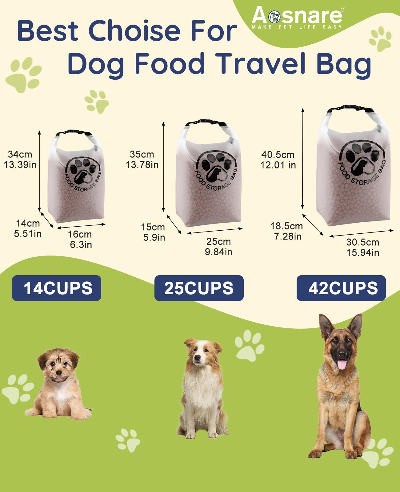 Aosnare sac nourriture chien humidité protégée – garde le kibble frais pendant le trajet.
