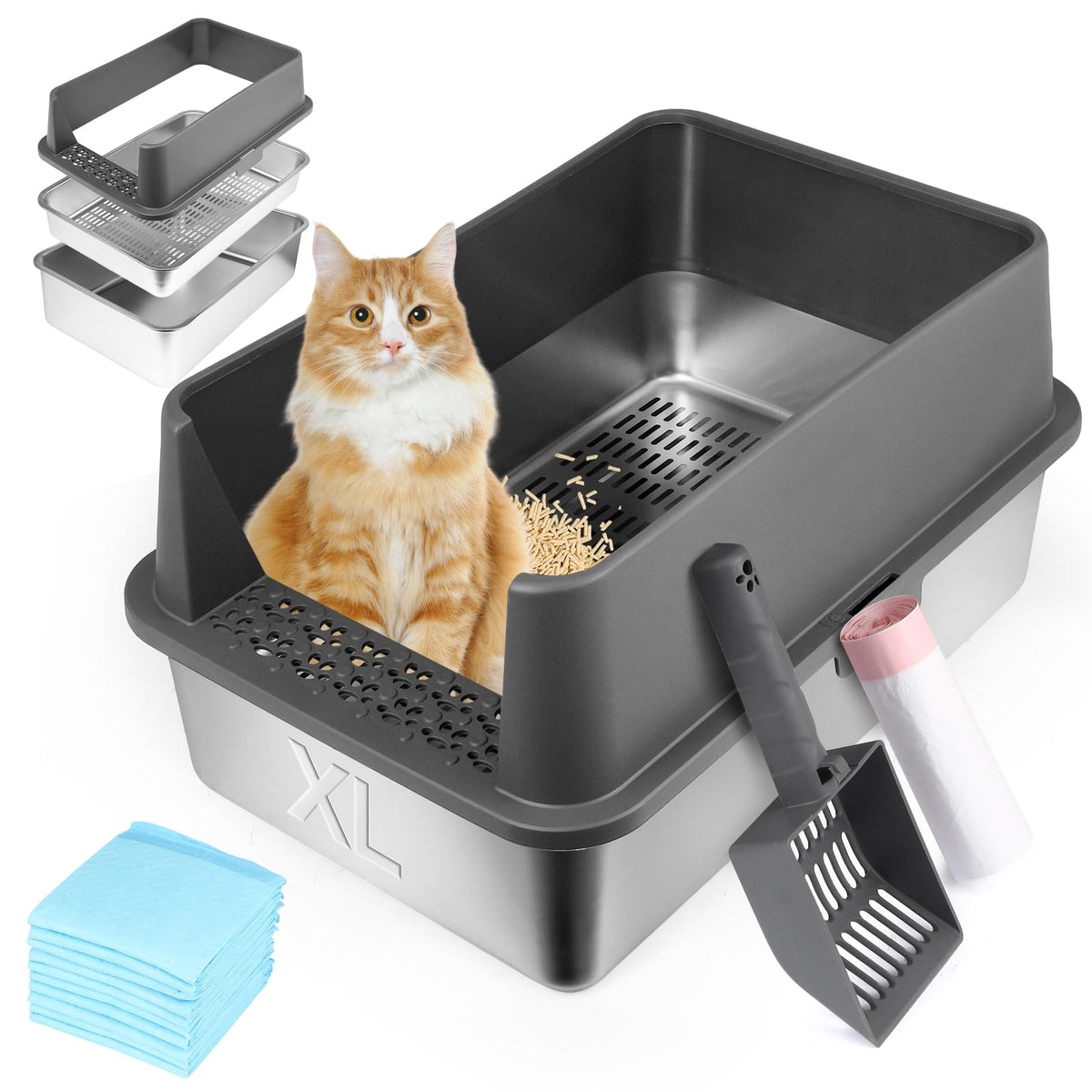 Boîte à litière AOTECC en acier inox exterieur: durabilité et nettoyage facile.