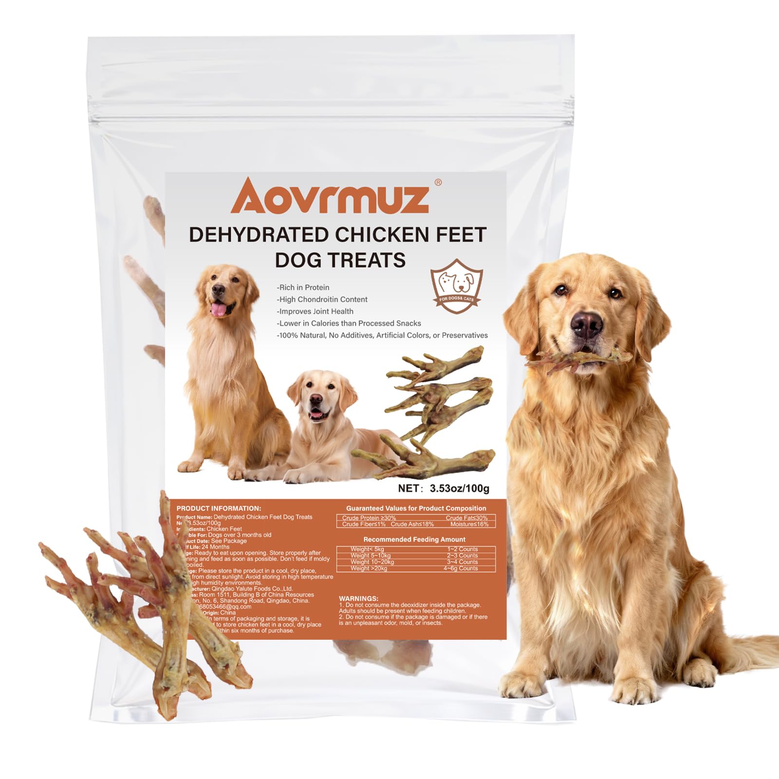 Aovrmuz pattes de poulet sèches emballage, friandise protéinée et naturelle pour chien