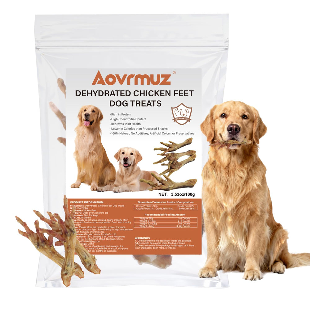 Aovrmuz pattes de poulet sèches emballage, friandise protéinée et naturelle pour chien