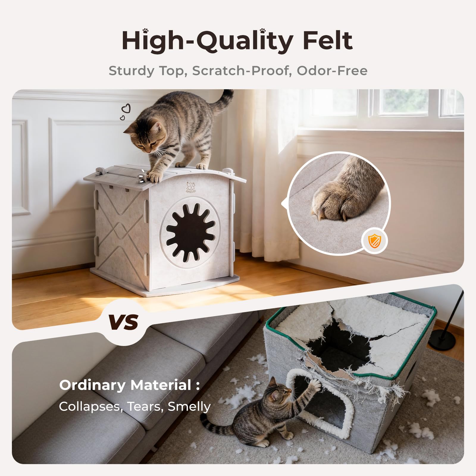 Apasiri maison-chat résistant aux griffes, abri durable pour chats actifs.