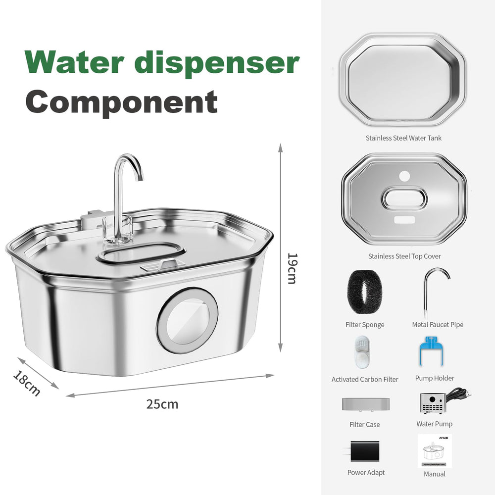 APAUK fontaine chat inox, accessoires inclus filtre et éponge de remplacement.