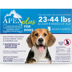 Apex Plus: bouteille-topique, application facile et prévention mensuelle.
