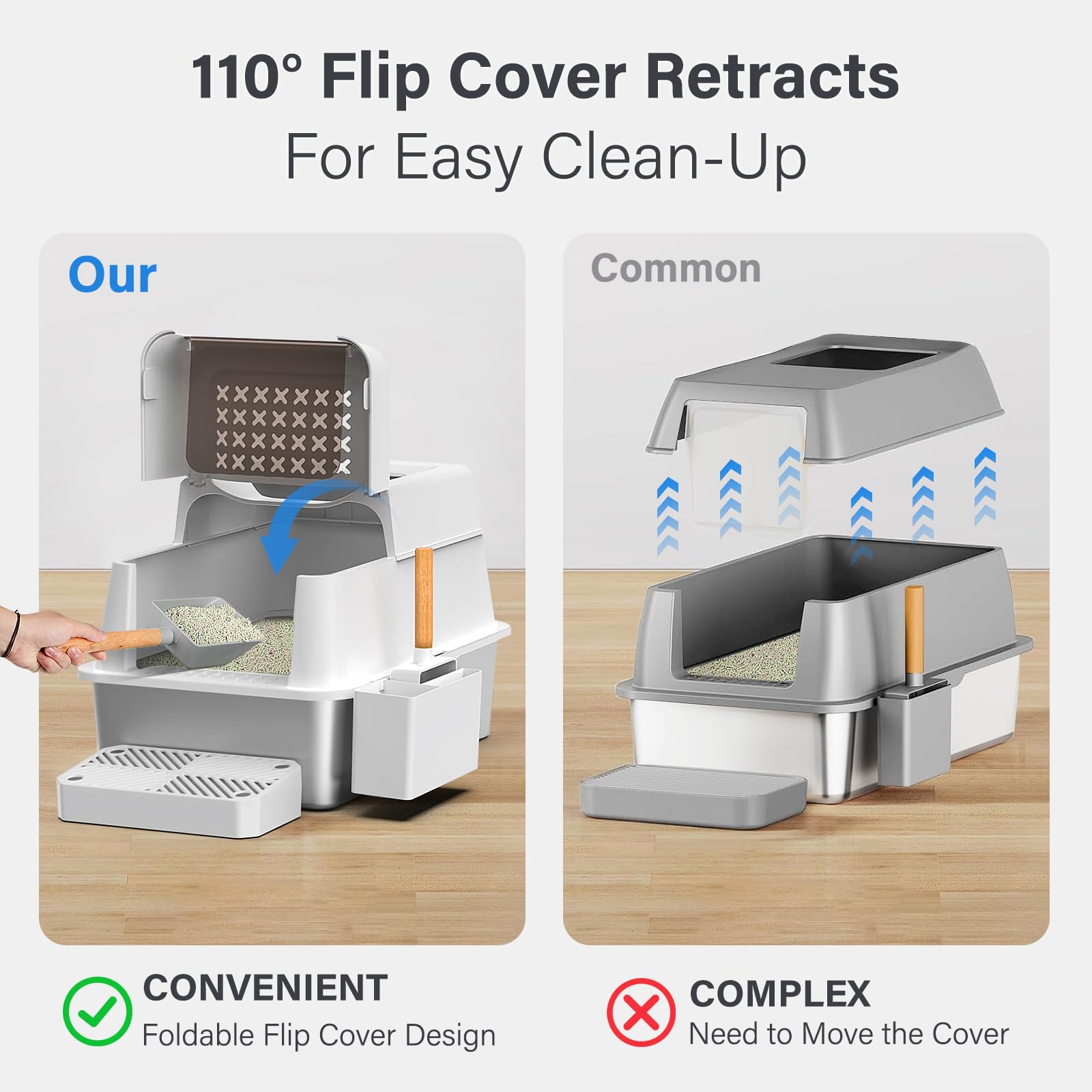 Litière Aphyxen en acier inox avec grande capacité pour tous les chats.