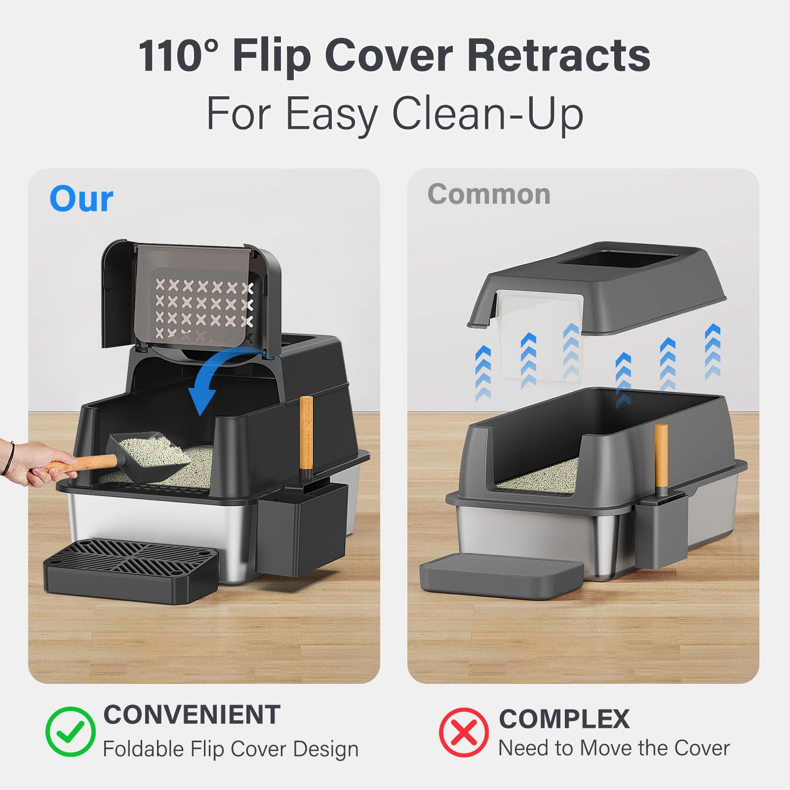Litière Aphyxen avec entrée par le dessus, accès pratique pour tous les chats.
