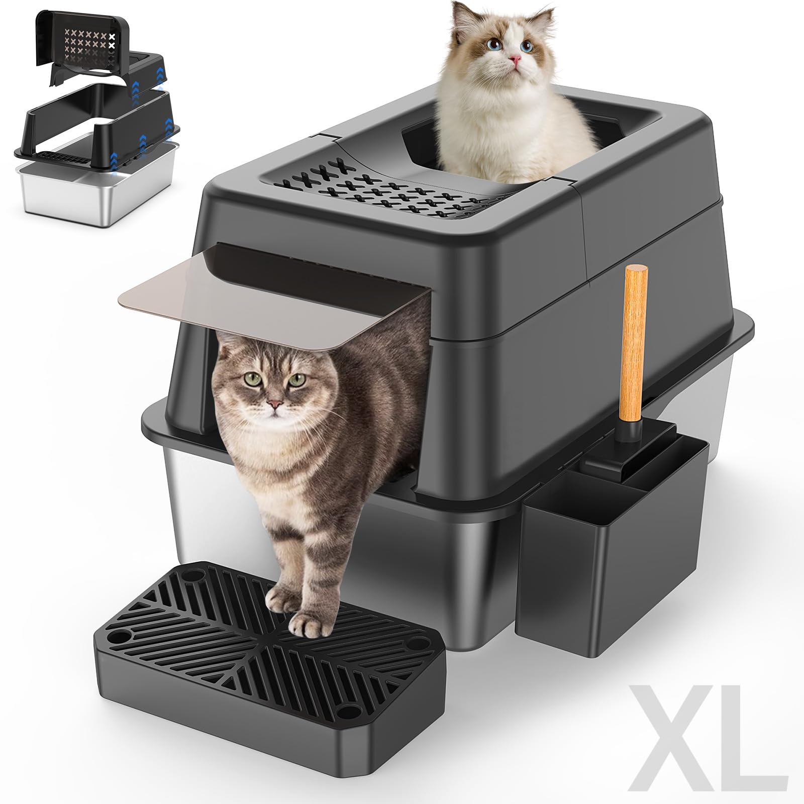 Litière Aphyxen en acier inox XL avec couvercle, nettoyage facile et longue durée.
