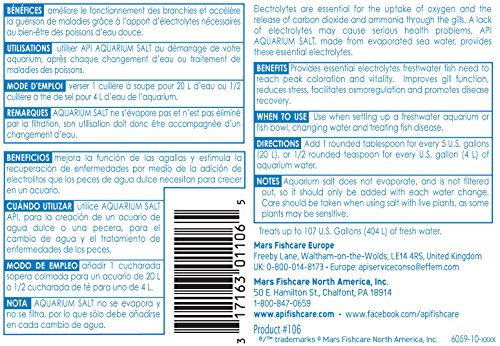 API AQUARIUM SALT – etiquette claire et emballage facilitant le dosage.