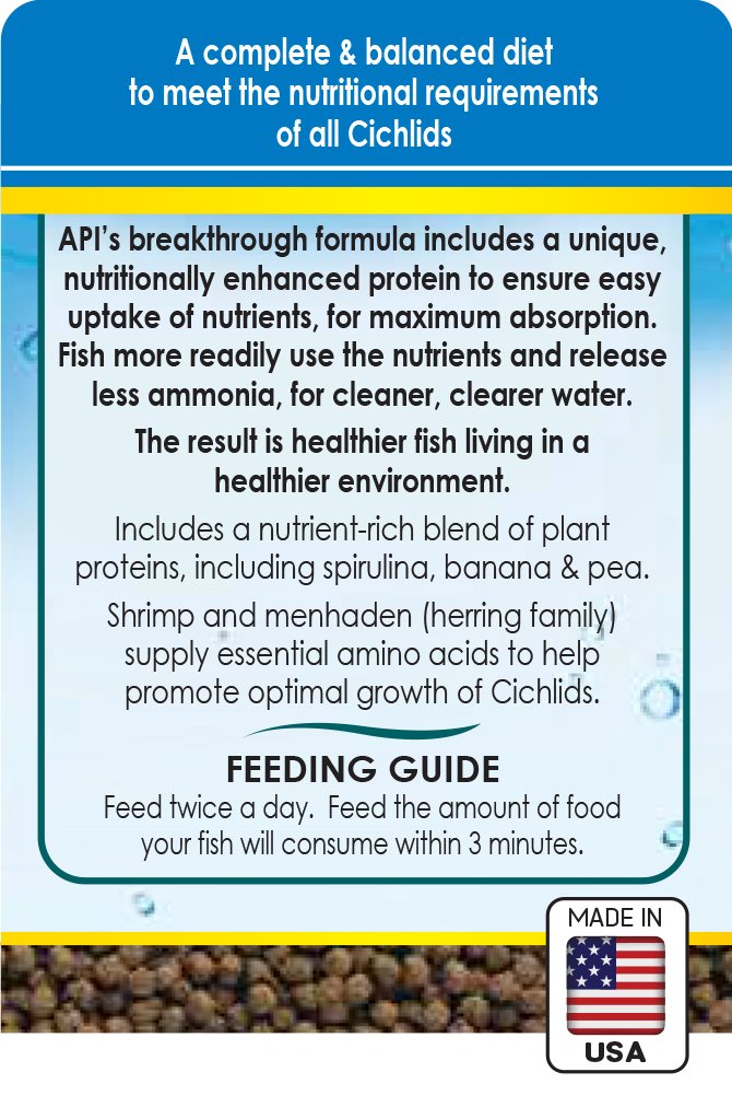 API CICHLID PELLETS: ingrédients spiruline-banane-pois pour digestion améliorée.