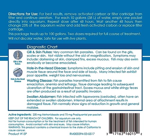 Poissons en aquarium recevant API GENERAL CURE pour parasites.