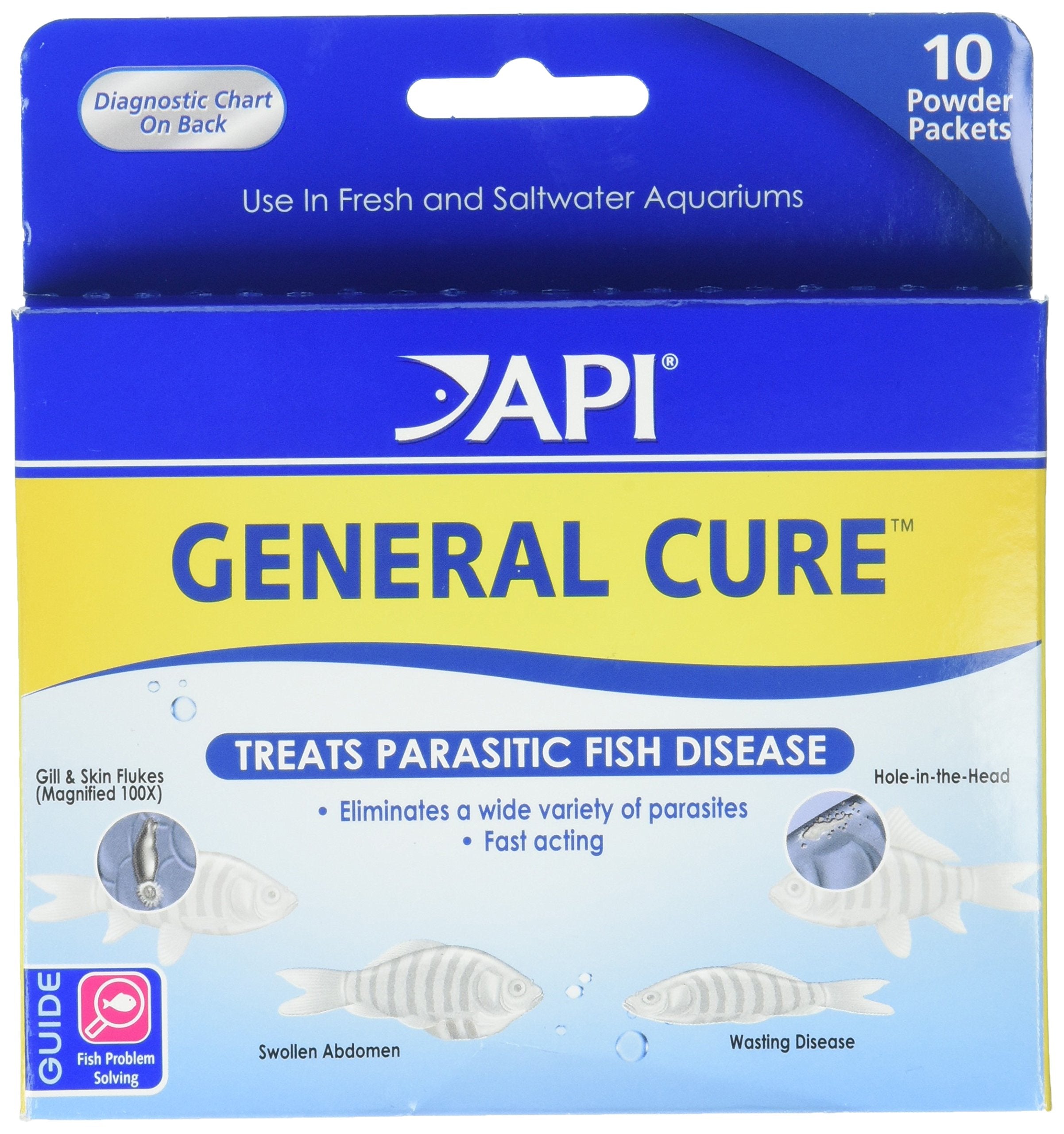 API GENERAL CURE – pochettes dosées en boîte, traitement potentiel des parasites des poissons.