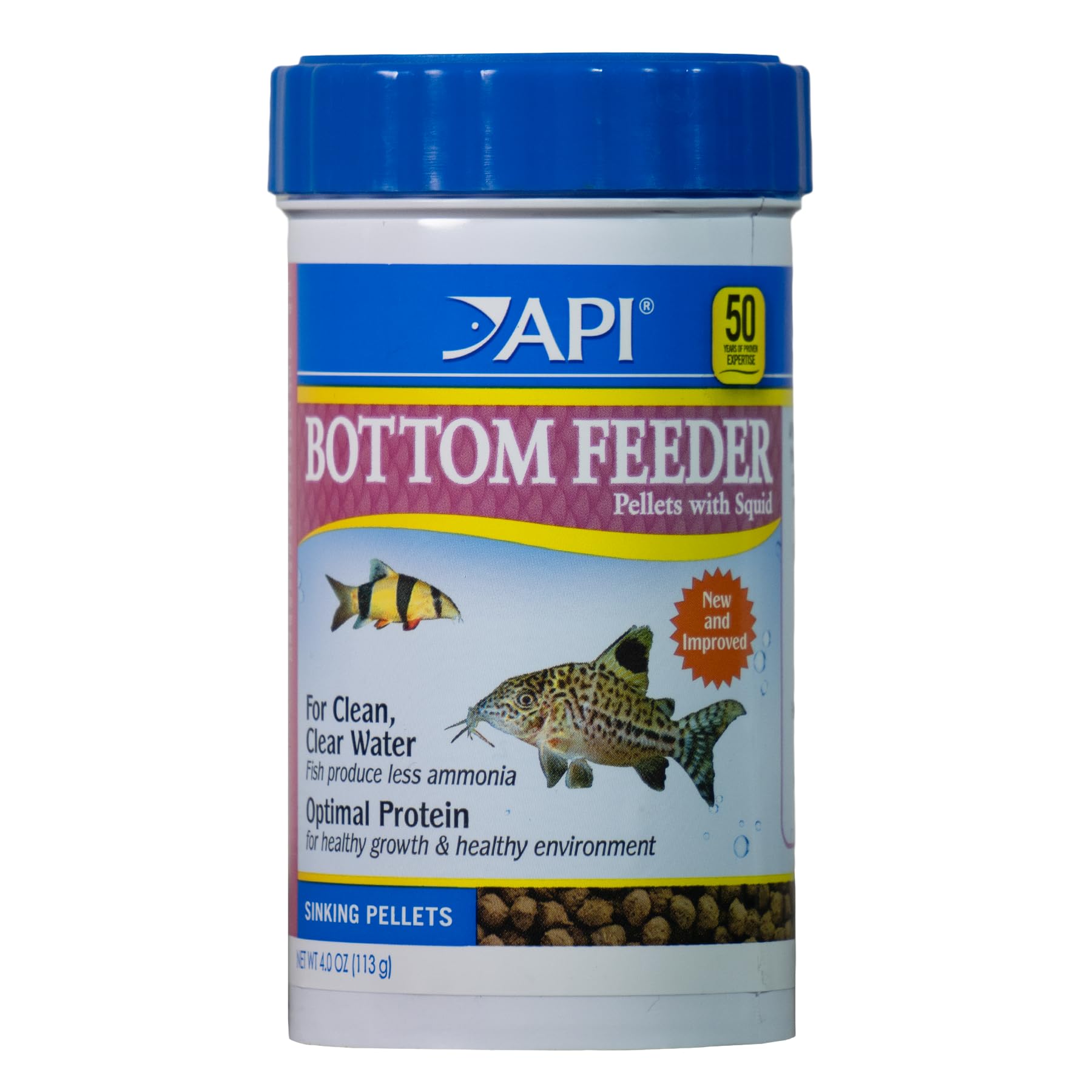 API granulés pour poissons de fond calmar dans le bocal, rationnement précis et goût apprécié.