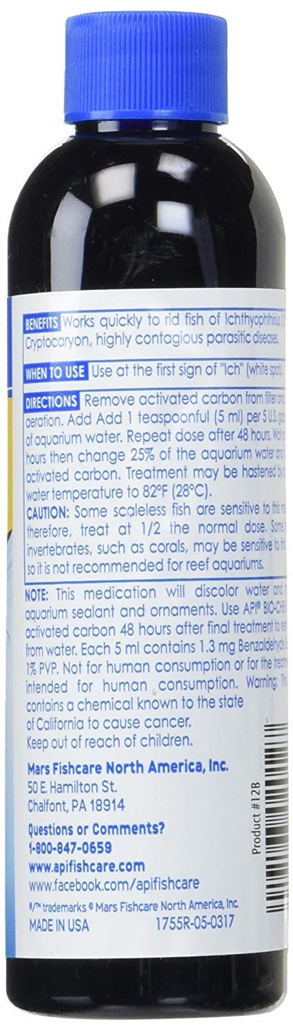API Liquide Super Ick Cure, étiquette lisible, guide d’utilisation simplifié pour aquariums.