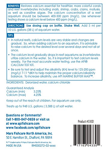 Étiquette de dosage API MARINE CALCIUM indiquant les instructions pour le dosage récif.
