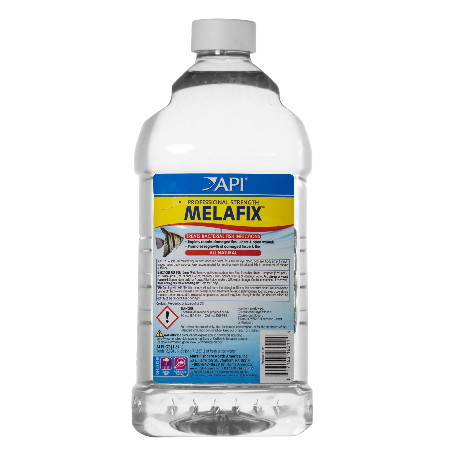 Bouteille API MELAFIX 64oz prête pour traiter infections bactériennes des poissons.