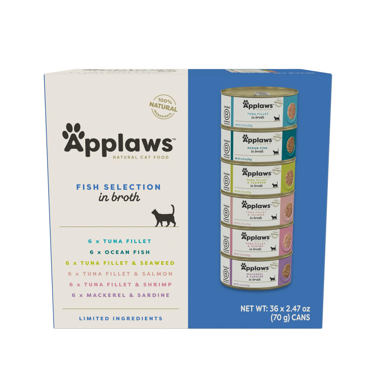 Applaws Filet de Thon en Bouillon, viande riche en protéines pour chats actifs.