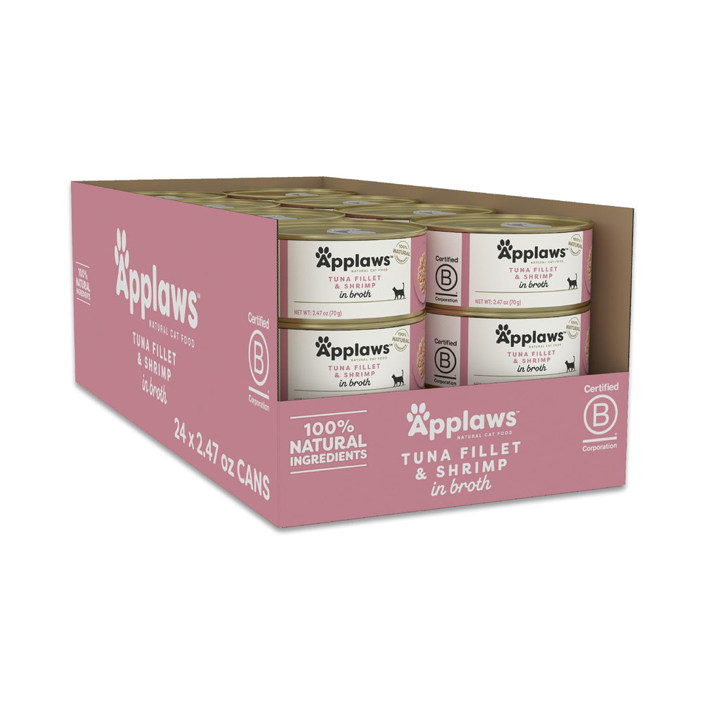 Applaws thon et crevettes dans bouillon, repas humide naturel pour chat.