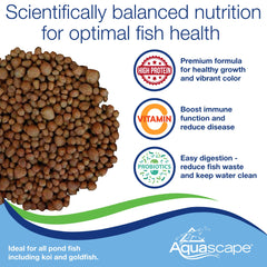 Aquascape nourrissage koi avec pellets variés facilitant la prise et la croissance.