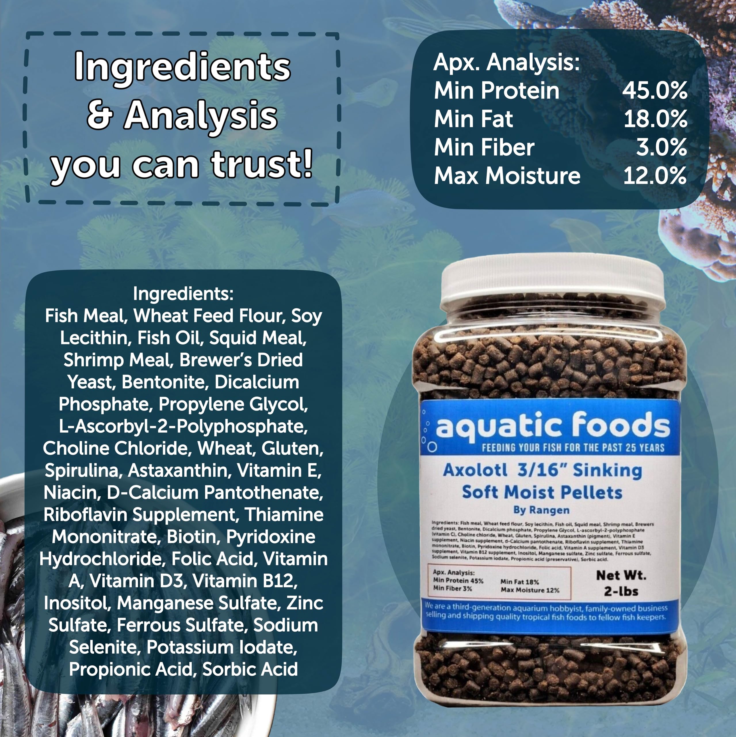 Pellets pour crevettes et escargots, variété et appétence Aquatic Foods Inc.