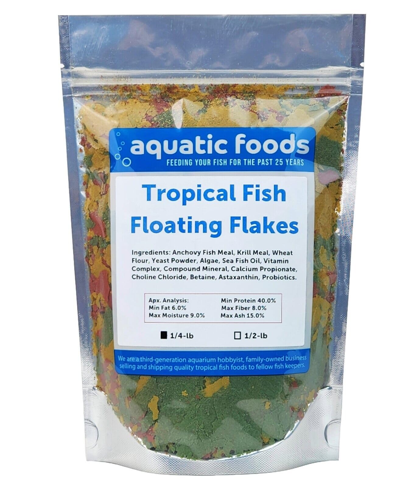 Flocons Aquatic Foods Inc. spiruline renforçant la couleur et l’énergie des poissons.