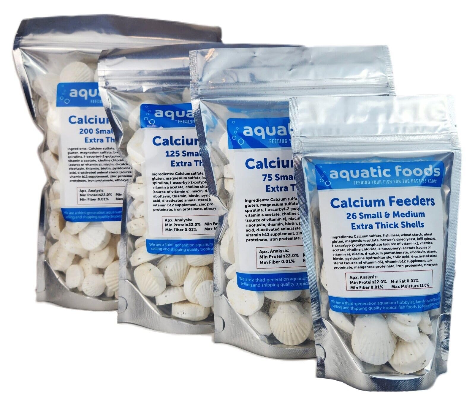 Alimenteur calcium Aquatic Foods Inc. Petits et Moyens, coques visibles, favorise l'alimentation des crustacés.