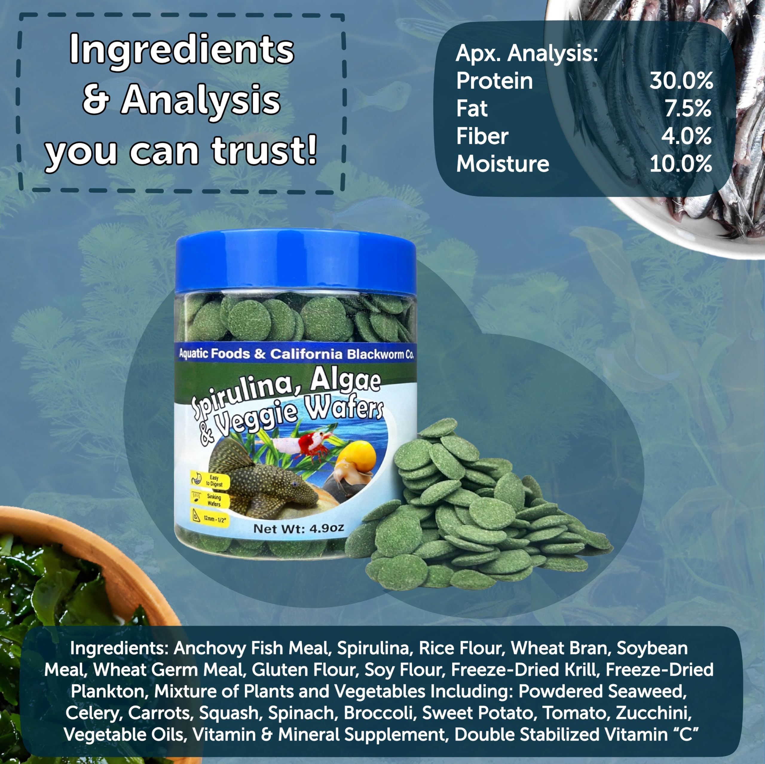 Aquatic Foods Inc. ingrédients riches en spiruline et légumes, pour une alimentation équilibrée.