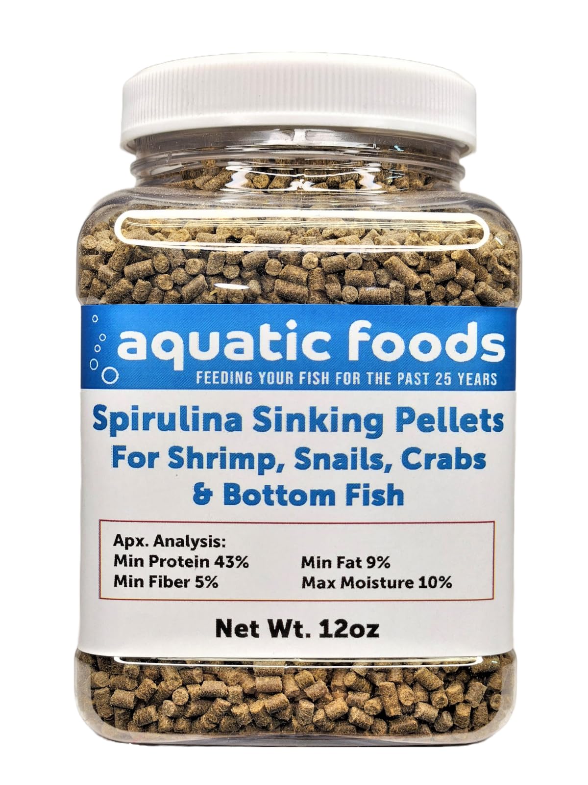 Pellets spiruline tombants Aquatic Foods pour crevettes et poissons de fond.