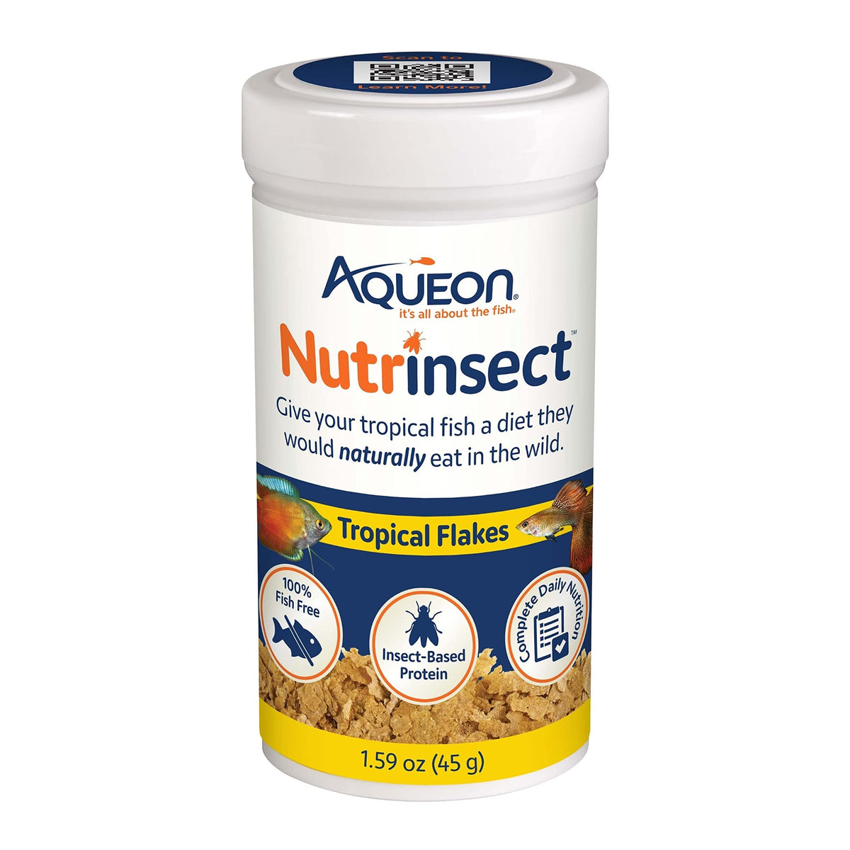 Nutrinsect Aqueon flocons tropicaux dans le bocal, alimentation tropicale sans poisson.