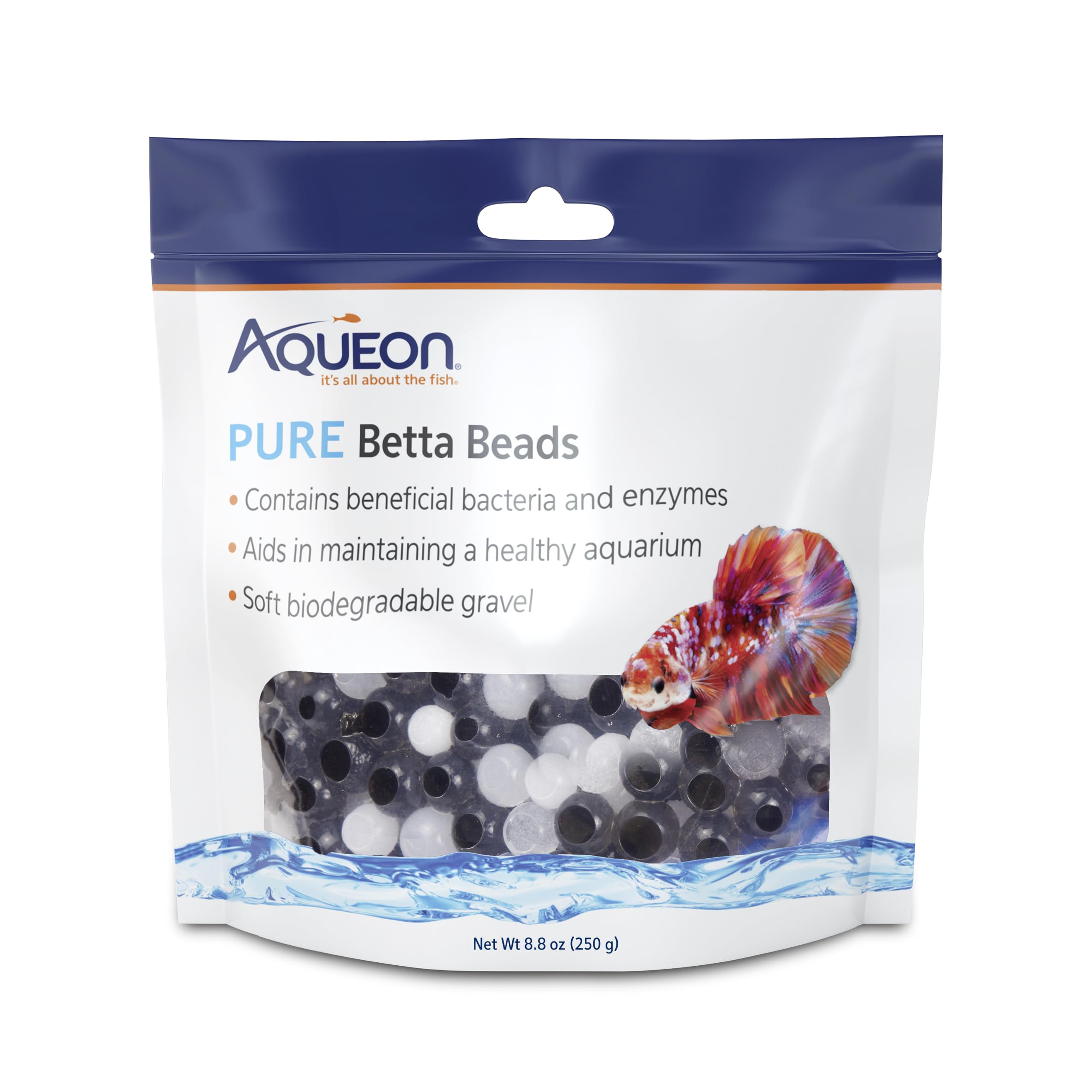 Aqueon PURE Betta Beads bleues, stimulent le jeu et l'eau claire dans l'aquarium.