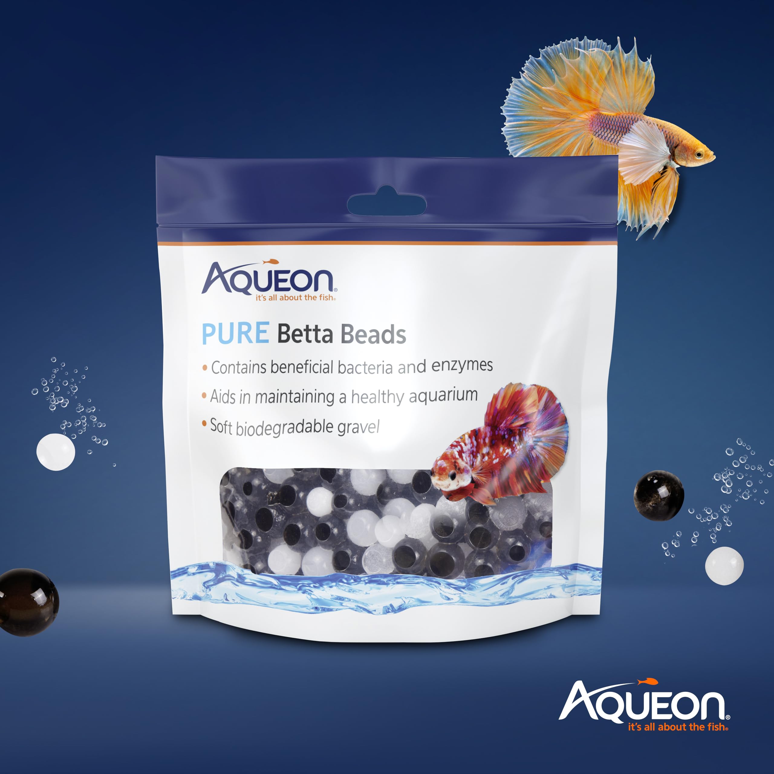 Aqueon PURE Betta Beads emballage, sachet pratique pour doser par gallon.